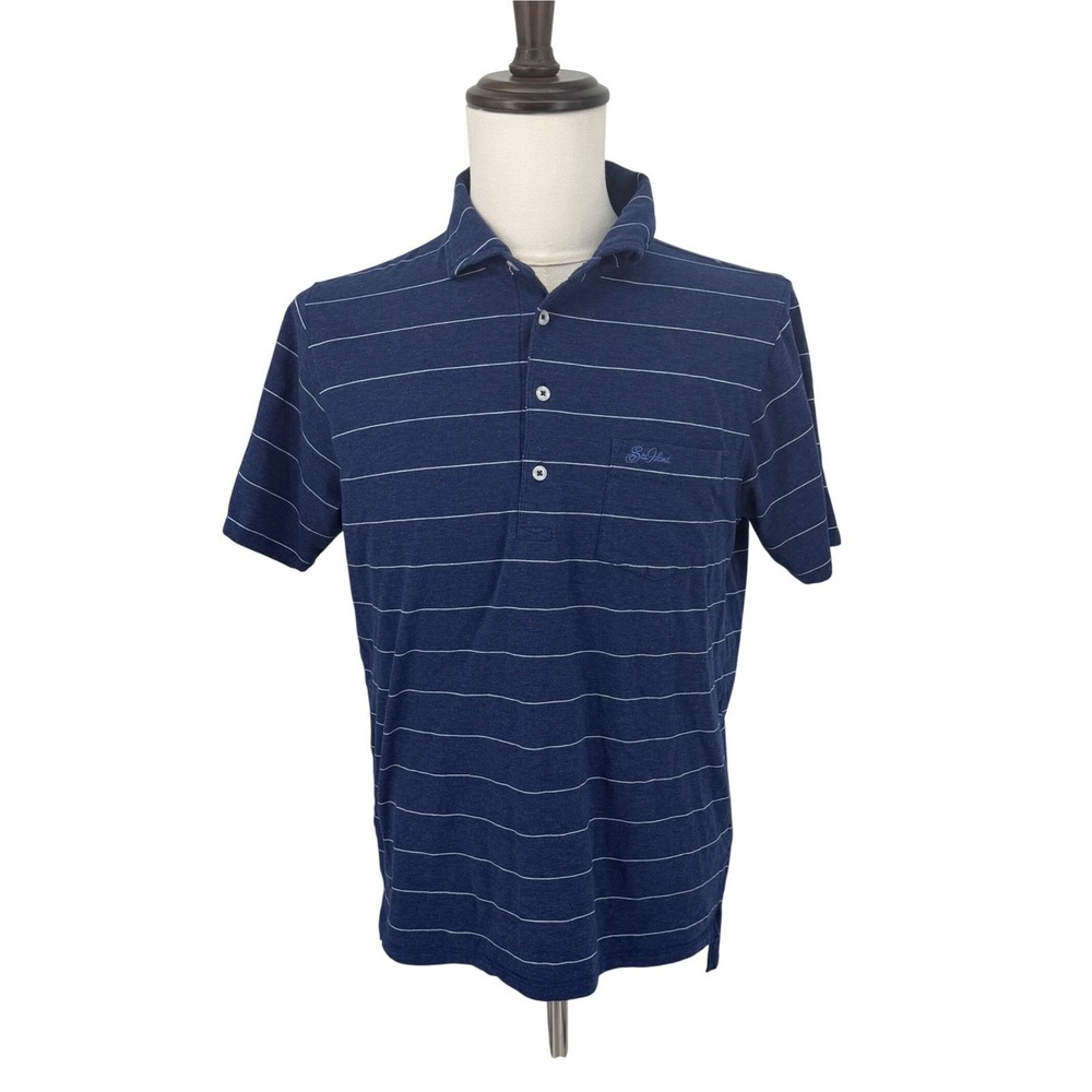 B. Draddy Polo Shirt Mens Medium Blue Striped Sea Island Pima Cotton Spandex